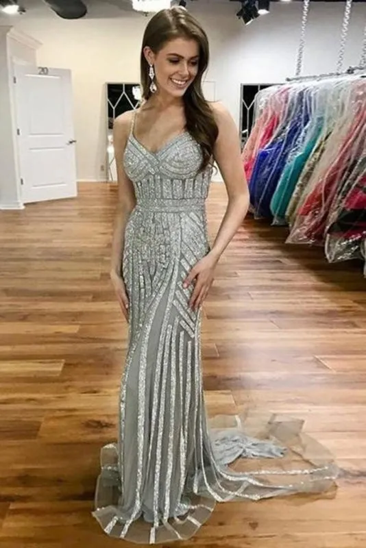 Gray Spaghetti Strap Sparkly Evening Sexy Long Mermaid Prom Dress