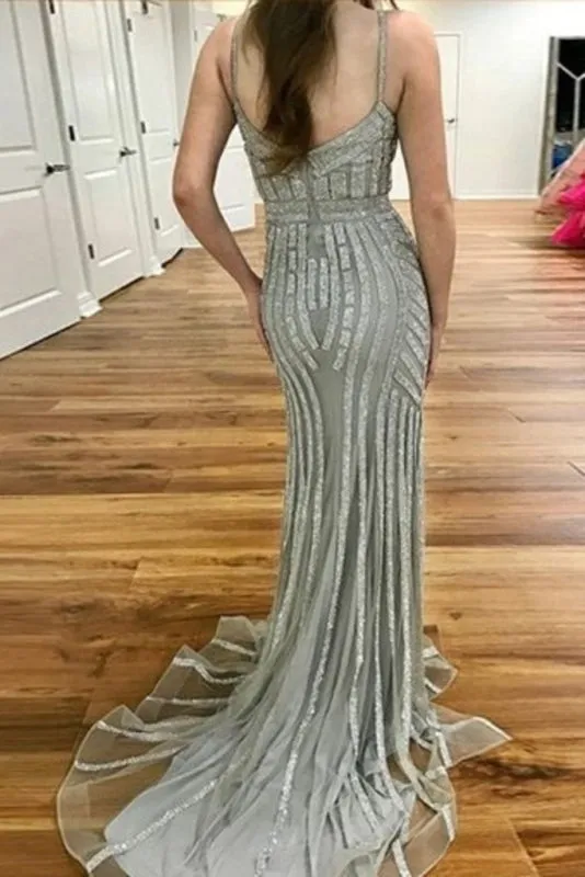 Gray Spaghetti Strap Sparkly Evening Sexy Long Mermaid Prom Dress