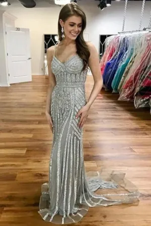 Gray Spaghetti Strap Sparkly Evening Sexy Long Mermaid Prom Dress