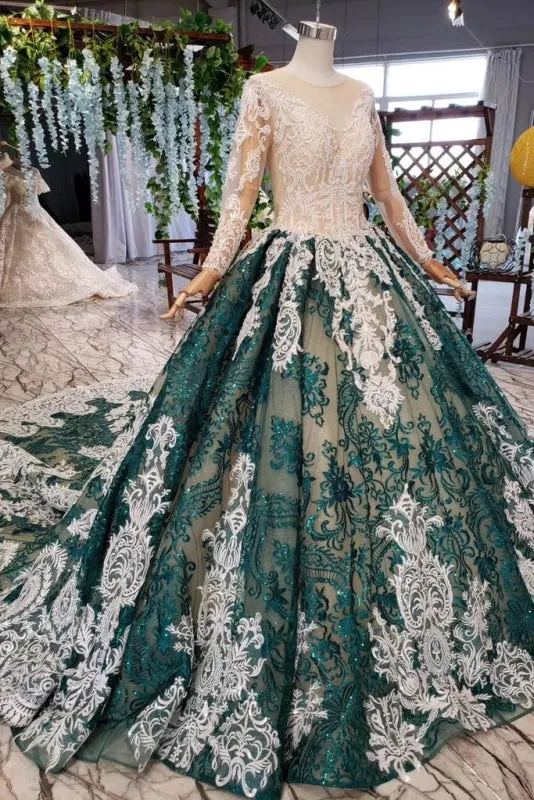 Green Sleeves Ball Lace Dress with Appliques Long Prom Gown