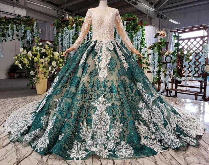 Green Sleeves Ball Lace Dress with Appliques Long Prom Gown