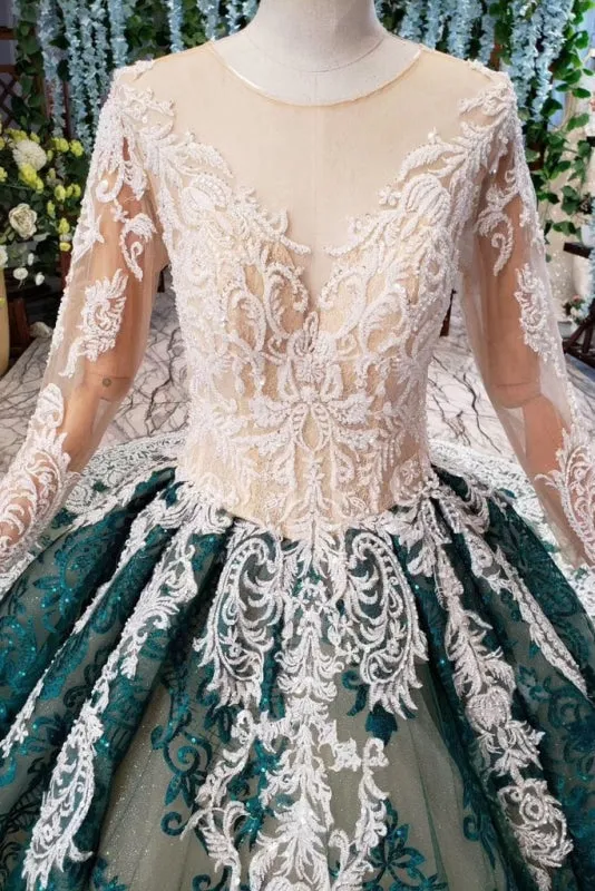 Green Sleeves Ball Lace Dress with Appliques Long Prom Gown