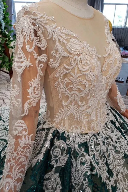 Green Sleeves Ball Lace Dress with Appliques Long Prom Gown