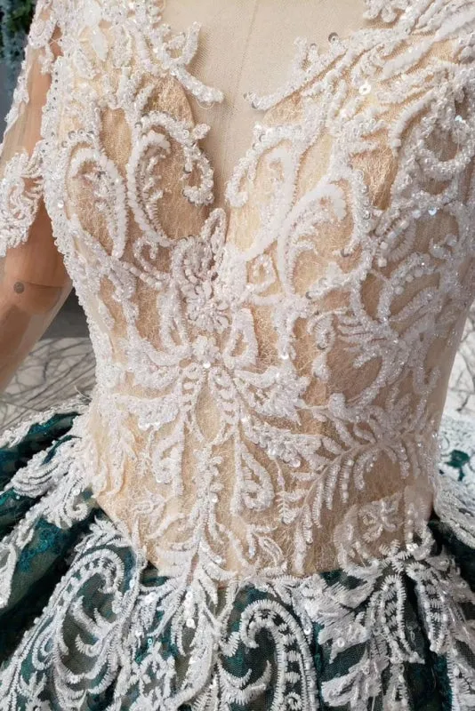 Green Sleeves Ball Lace Dress with Appliques Long Prom Gown
