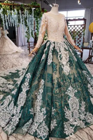 Green Sleeves Ball Lace Dress with Appliques Long Prom Gown