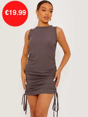 Grey Ribbed Sleeveless Bodycon Ruched Mini Dress
