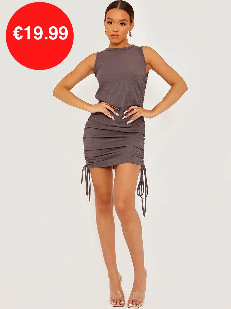 Grey Ribbed Sleeveless Bodycon Ruched Mini Dress