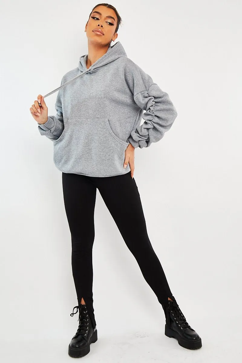 Grey Ruched Sleeve Oversized Hoodie - Dezi