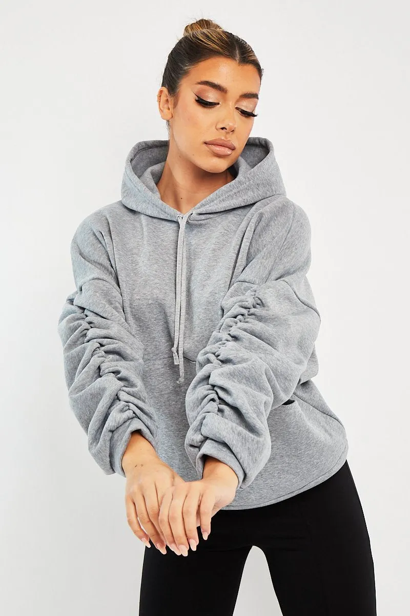 Grey Ruched Sleeve Oversized Hoodie - Dezi