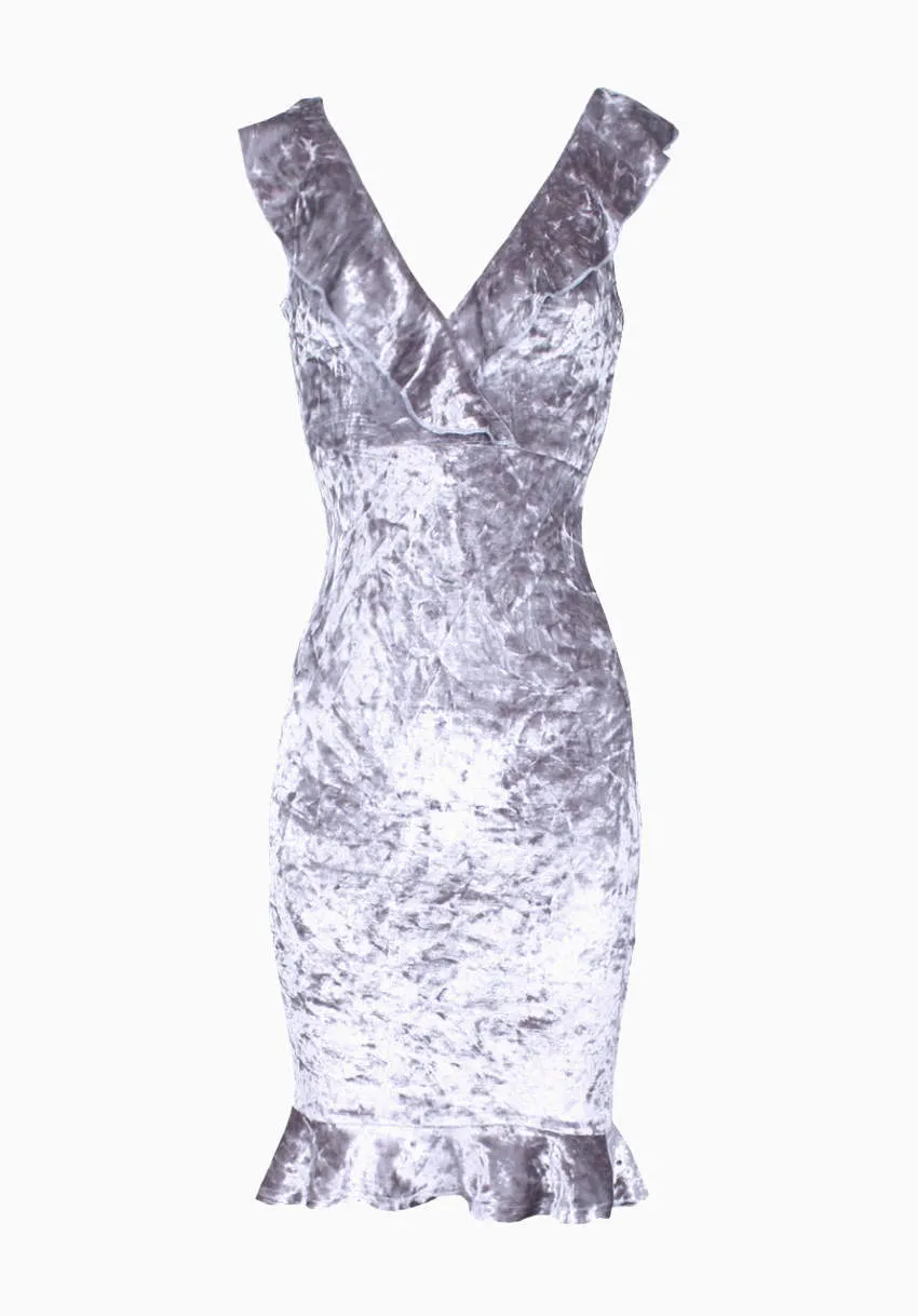 Grey Velvet Bodycon Dress With Frill Detail