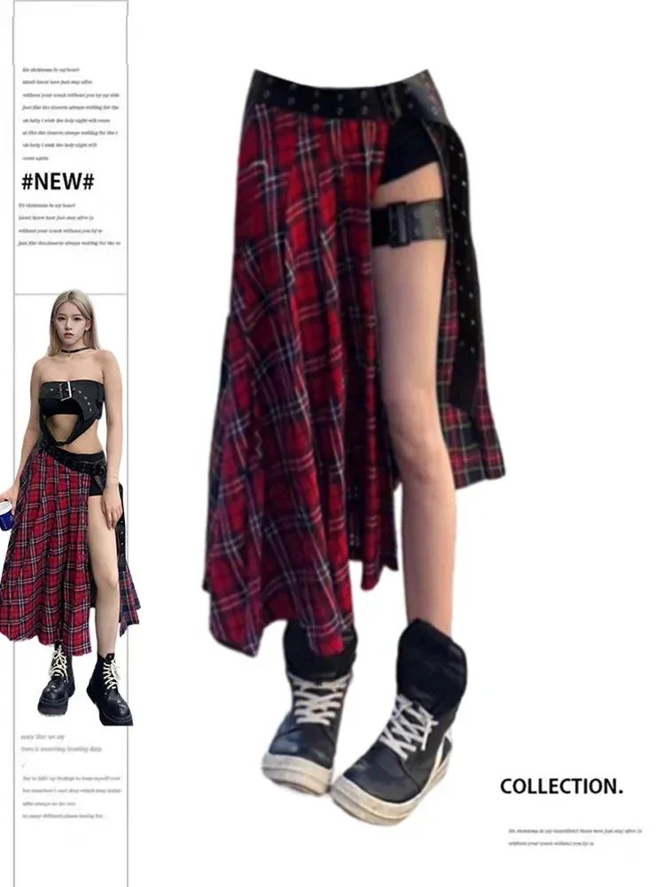 Grunge Goth Red Plaid A-Line Skirt
