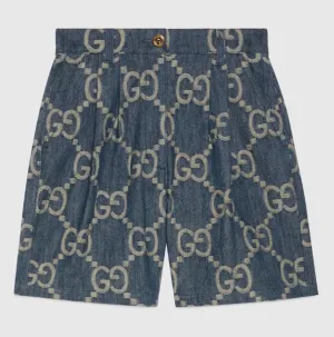 Gucci Aria Jumbo GG Denim Shorts with Ivory GG Pattern Sz 40 New with Tags