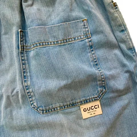 Gucci Bermuda Denim Shorts with Ties in Light Wash Blue