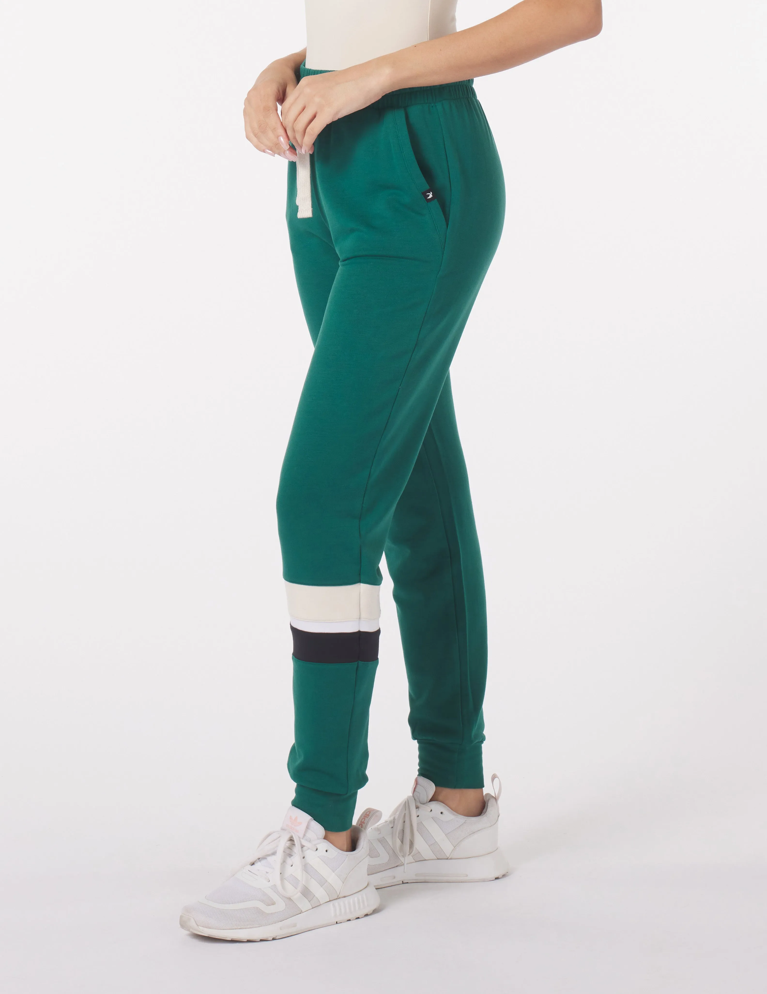 Halfway Jogger: Emerald with Oatmilk/White/Black Stripes