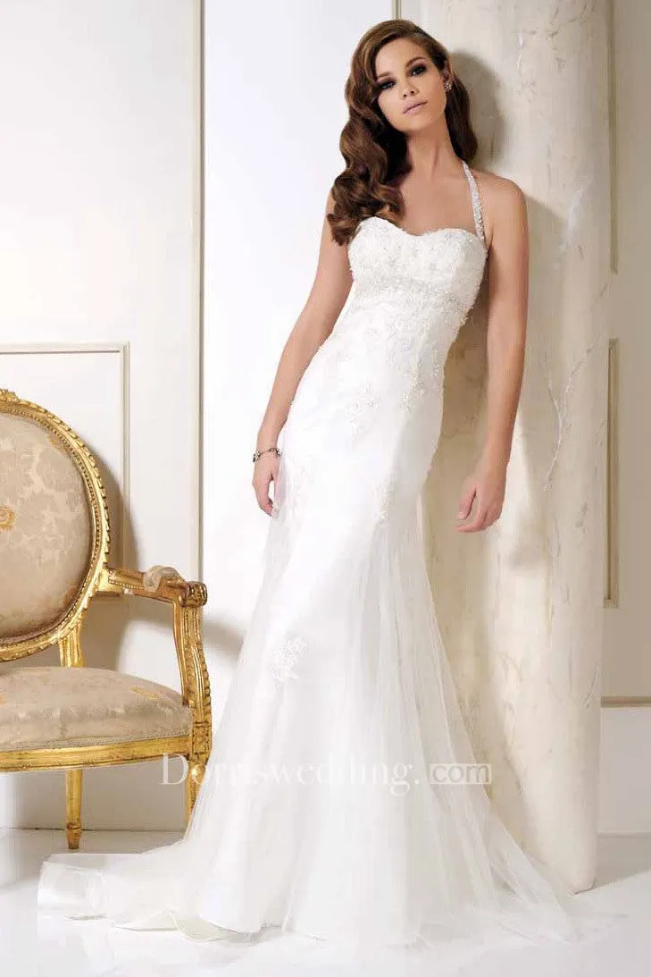 Halter Long Appliqued Tulle Wedding Dress With Court Train And V Back