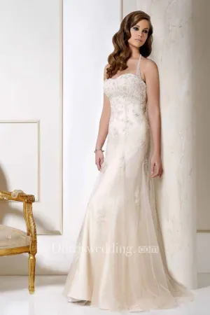 Halter Long Appliqued Tulle Wedding Dress With Court Train And V Back