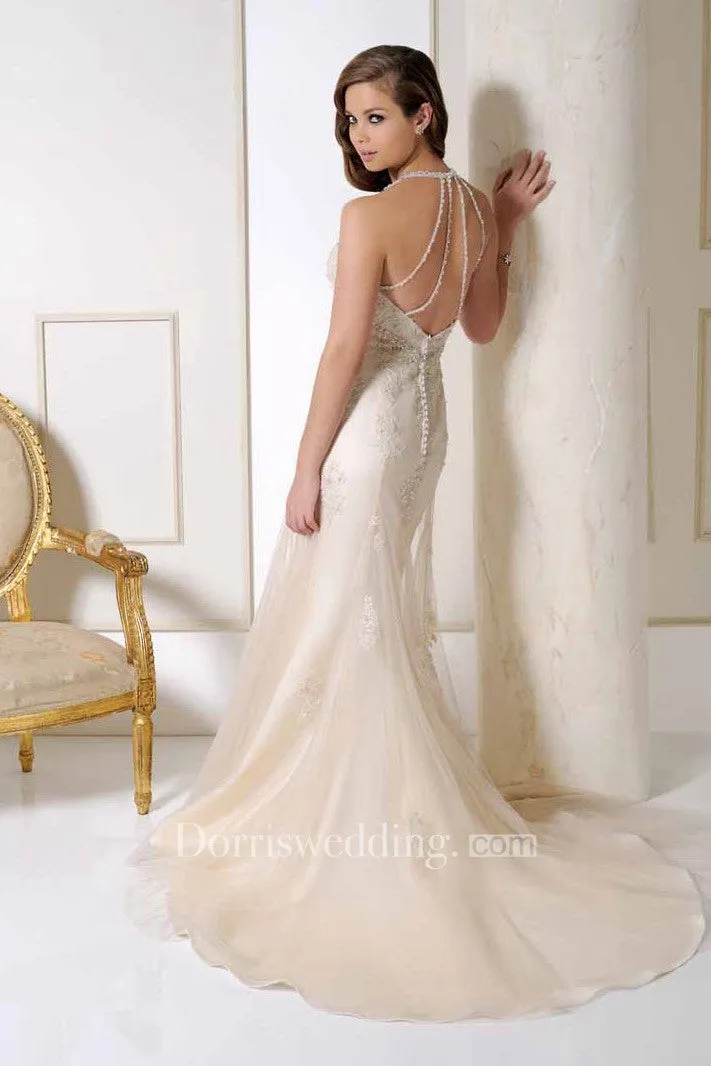 Halter Long Appliqued Tulle Wedding Dress With Court Train And V Back