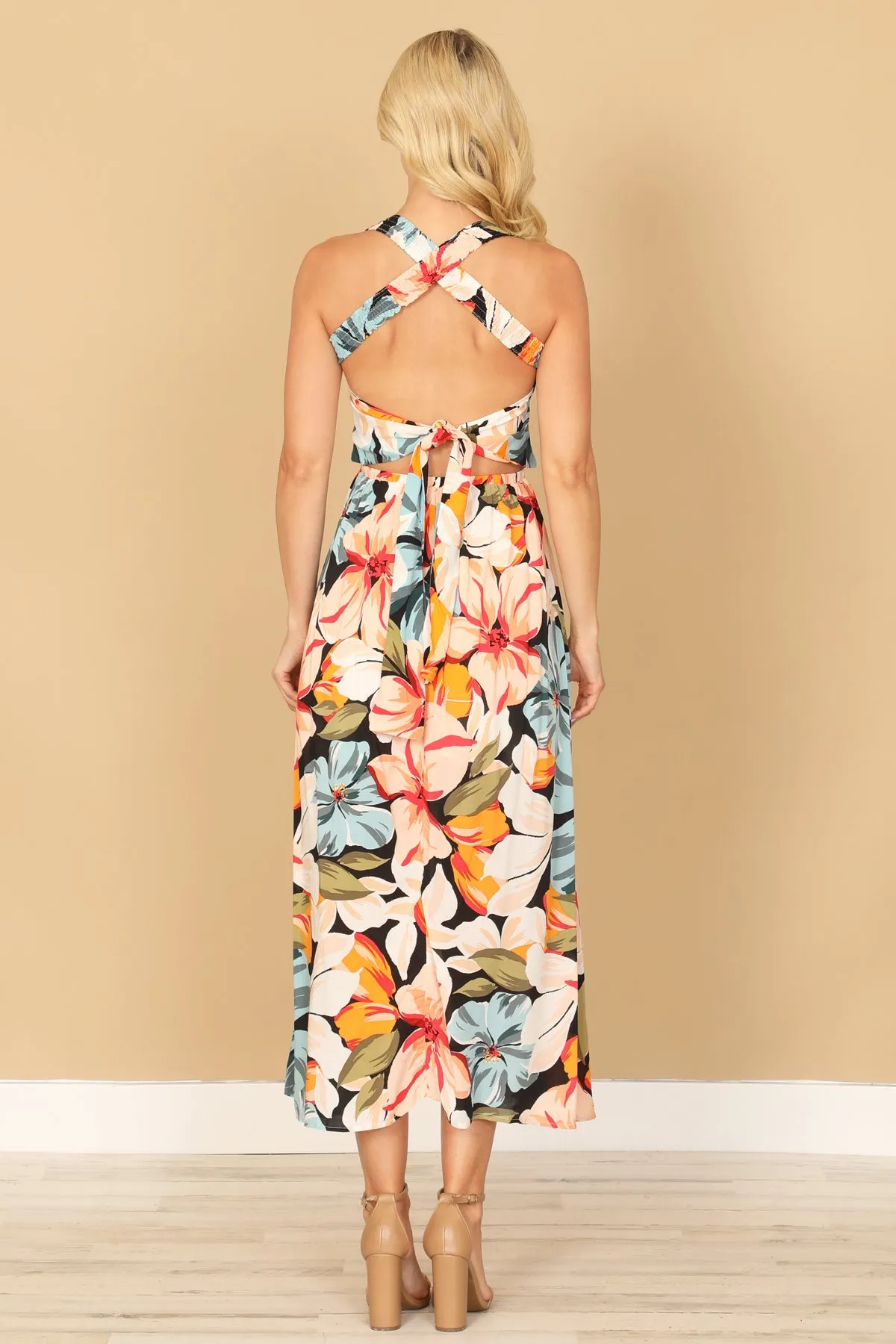 HALTER NECK SHIRRED FRONT FLORAL MIDI DRESS