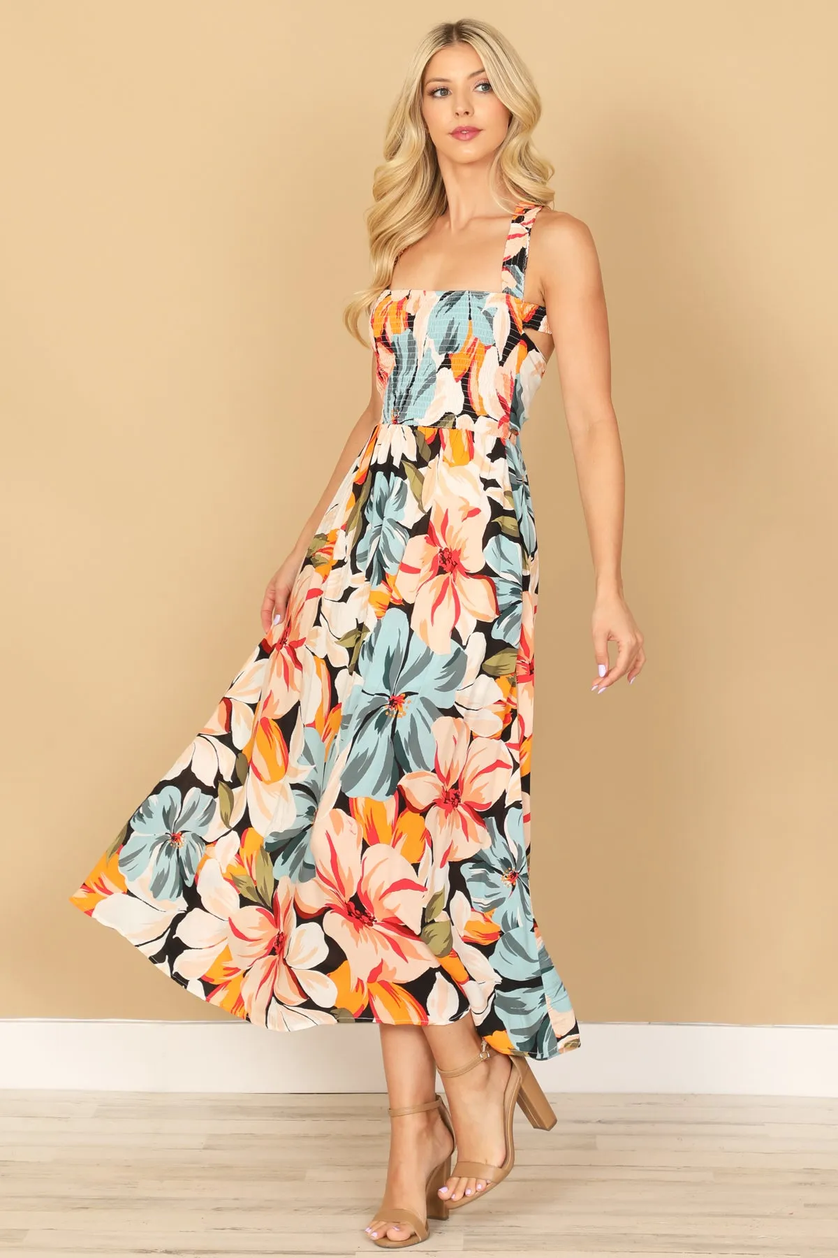 HALTER NECK SHIRRED FRONT FLORAL MIDI DRESS