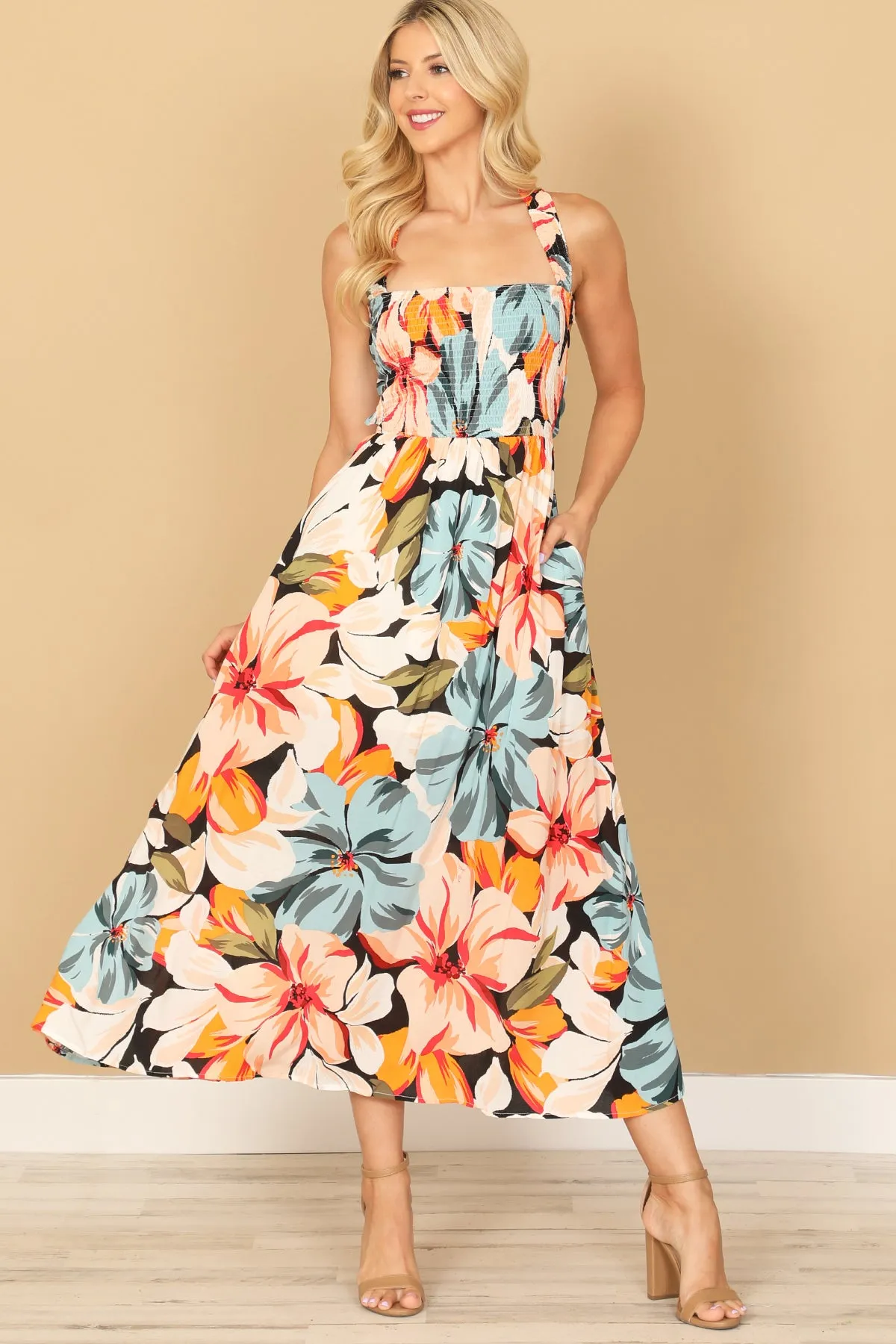 HALTER NECK SHIRRED FRONT FLORAL MIDI DRESS