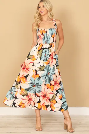 HALTER NECK SHIRRED FRONT FLORAL MIDI DRESS