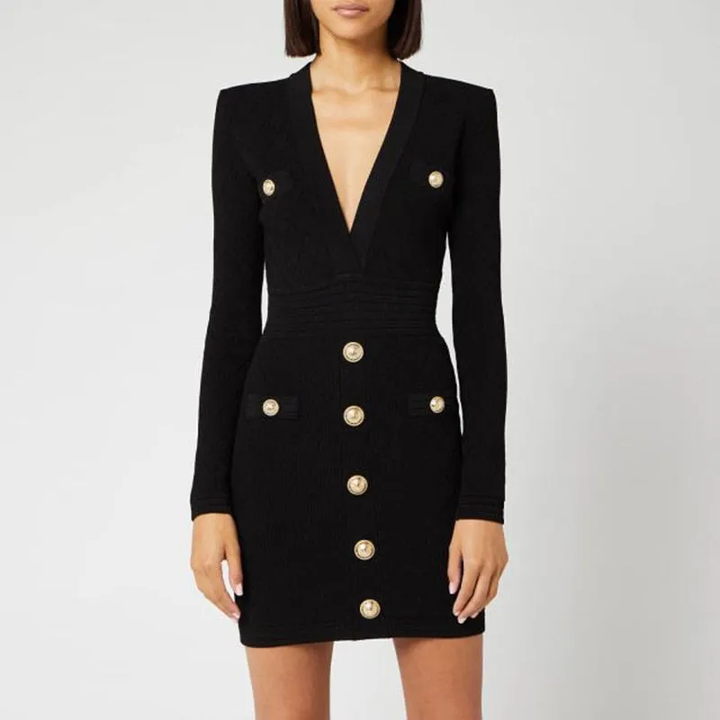 HarleyFashion High Quality Euramerican Spring Fall Fitness Casual Knit Dress V-neck Plaid Buttons Solid Slim Sheath Mini Dress