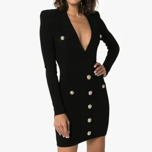 HarleyFashion High Quality Euramerican Spring Fall Fitness Casual Knit Dress V-neck Plaid Buttons Solid Slim Sheath Mini Dress