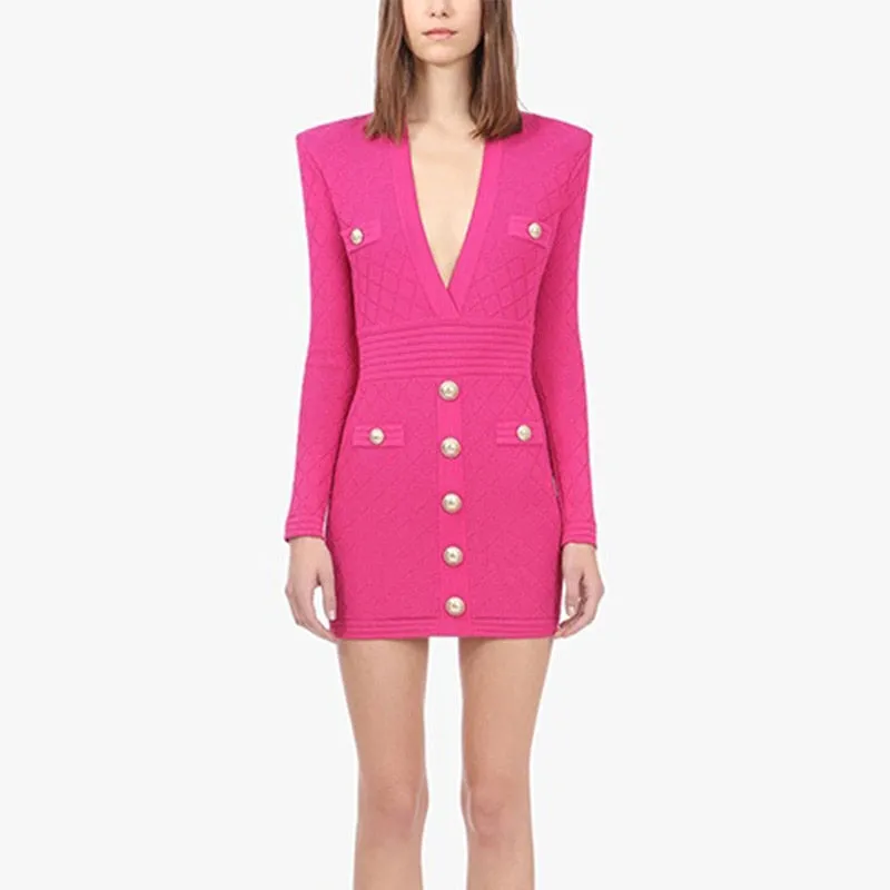 HarleyFashion High Quality Euramerican Spring Fall Fitness Casual Knit Dress V-neck Plaid Buttons Solid Slim Sheath Mini Dress