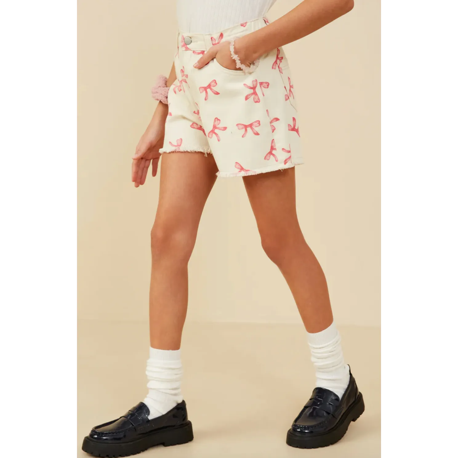 Hayden Girls Bow Printed Distressed Denim Shorts- Ivory