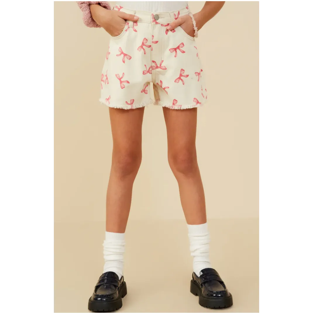 Hayden Girls Bow Printed Distressed Denim Shorts- Ivory