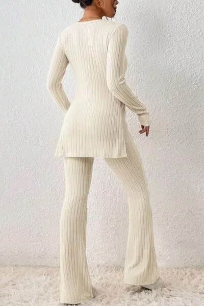 Hazel Blues® |  Ribbed Long Sleeve Slit Top and Bootcut Pants Set