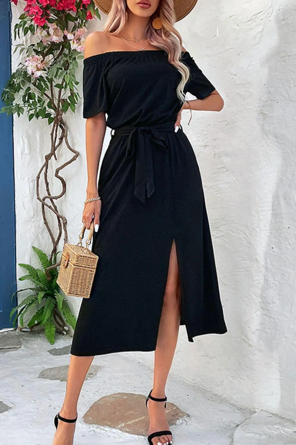 Hazel Blues® | Tie-Waist Off-Shoulder Split Dress