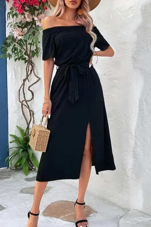 Hazel Blues® | Tie-Waist Off-Shoulder Split Dress