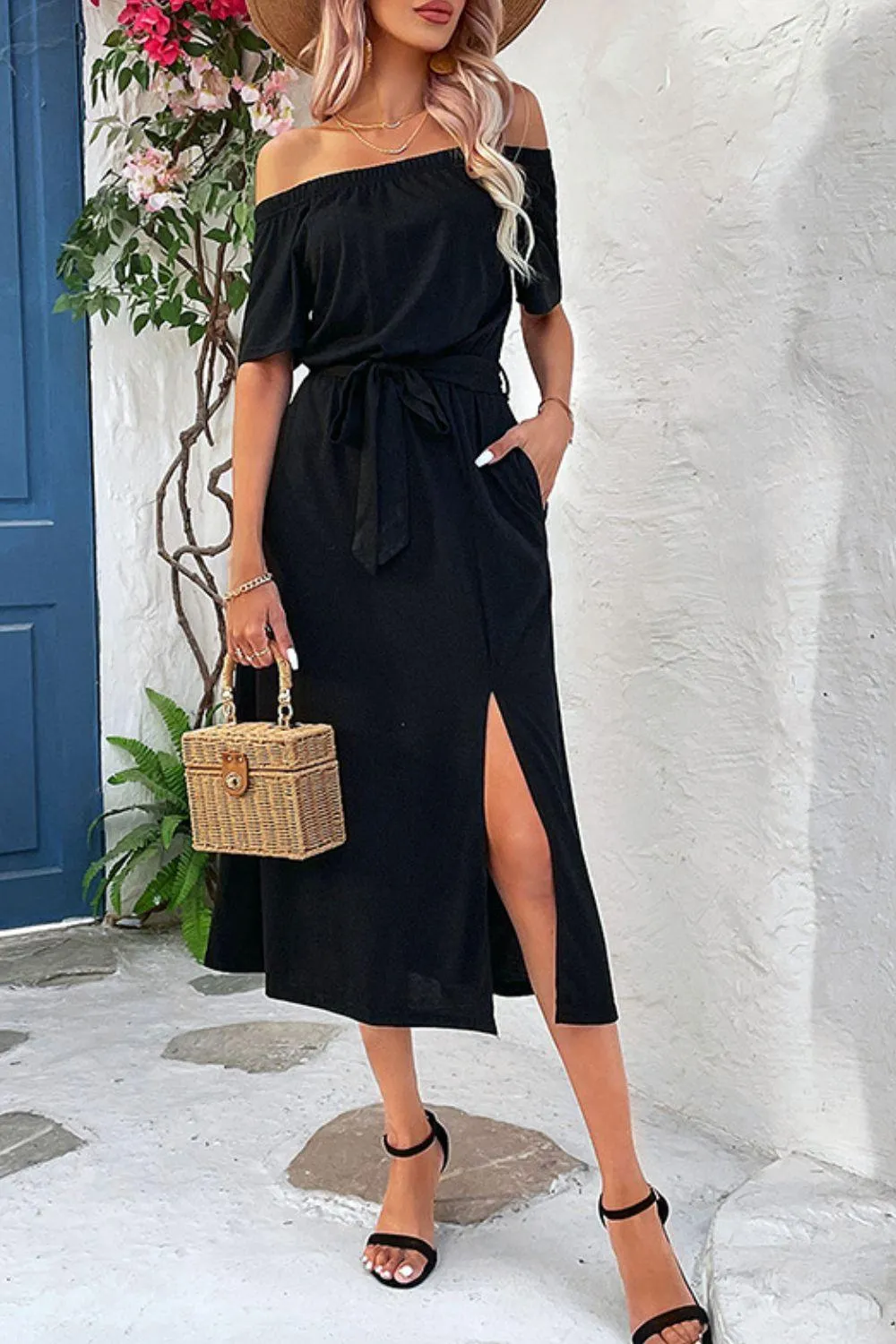 Hazel Blues® | Tie-Waist Off-Shoulder Split Dress