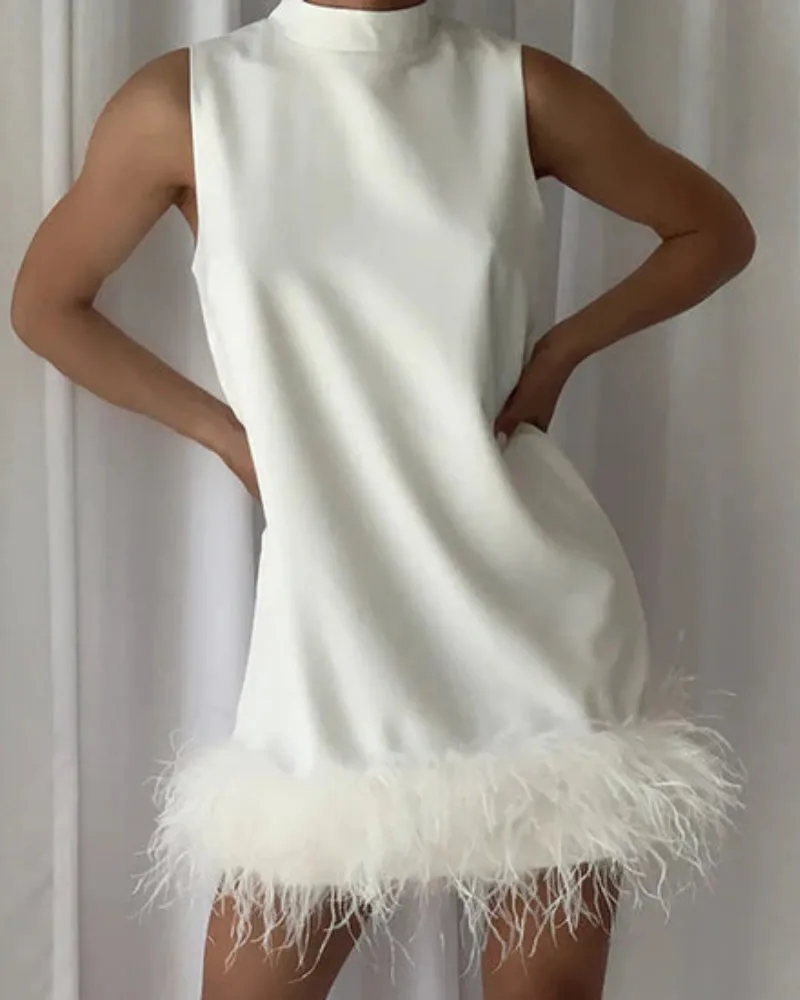 High Collar Tassel Feather Party Mini Dresses