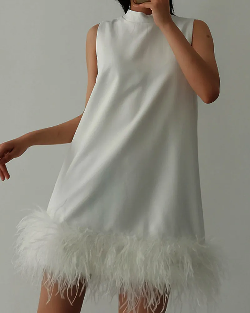 High Collar Tassel Feather Party Mini Dresses