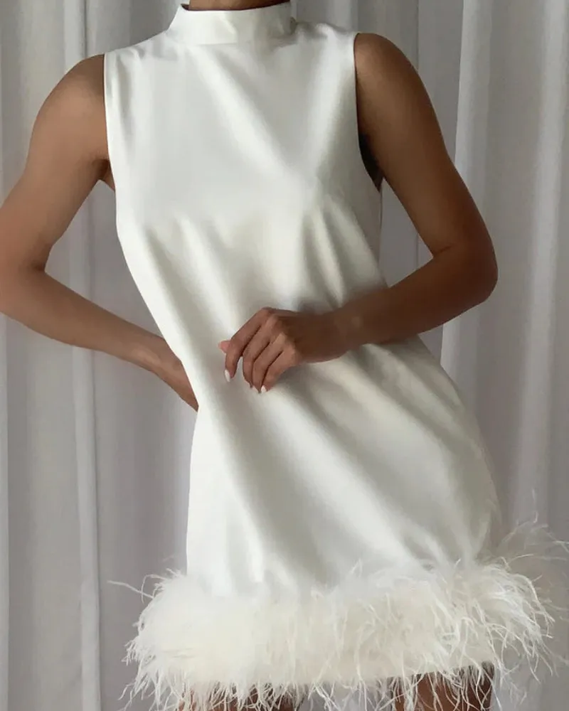 High Collar Tassel Feather Party Mini Dresses