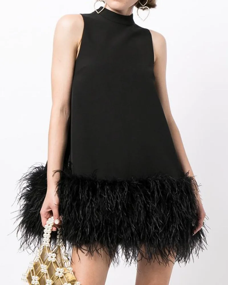 High Collar Tassel Feather Party Mini Dresses