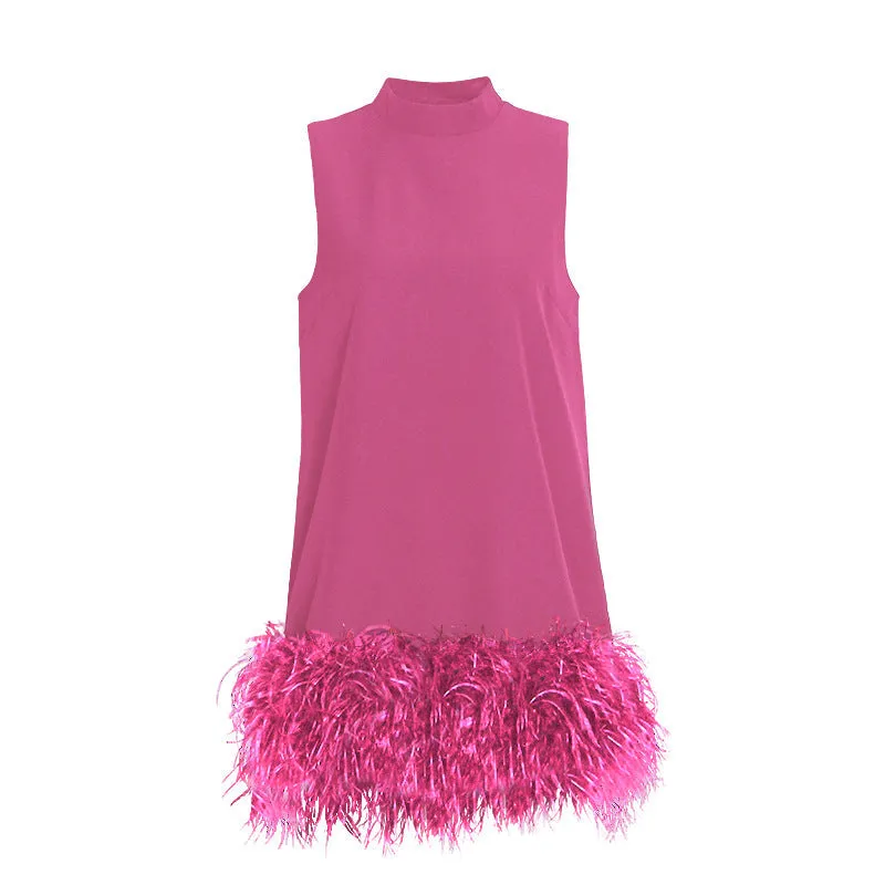 High Collar Tassel Feather Party Mini Dresses