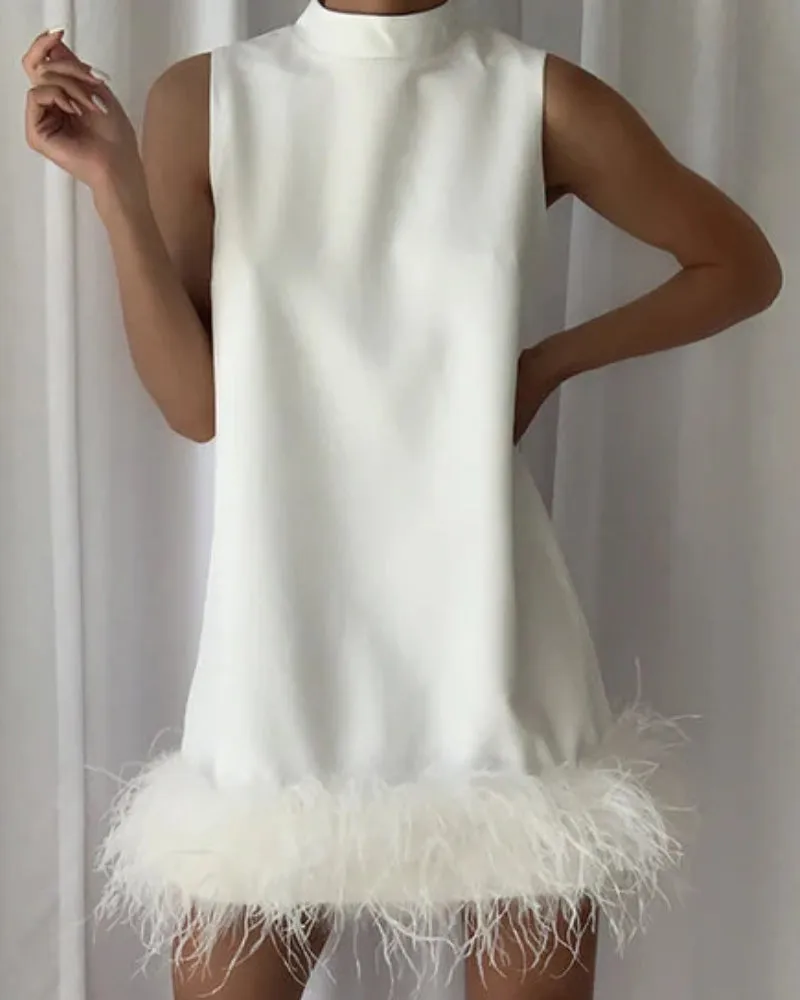 High Collar Tassel Feather Party Mini Dresses