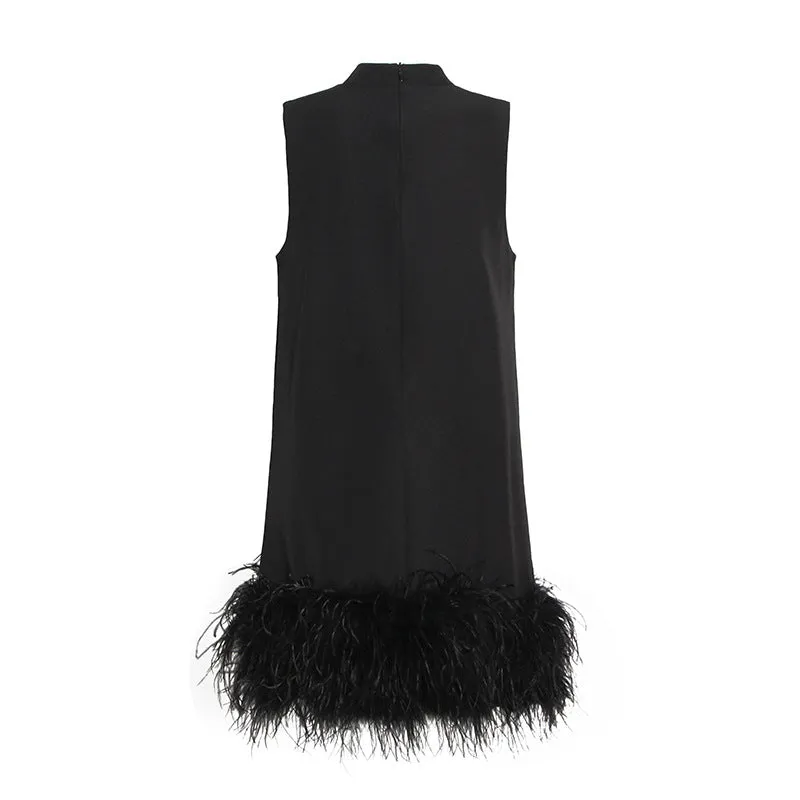 High Collar Tassel Feather Party Mini Dresses