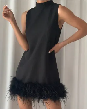 High Collar Tassel Feather Party Mini Dresses