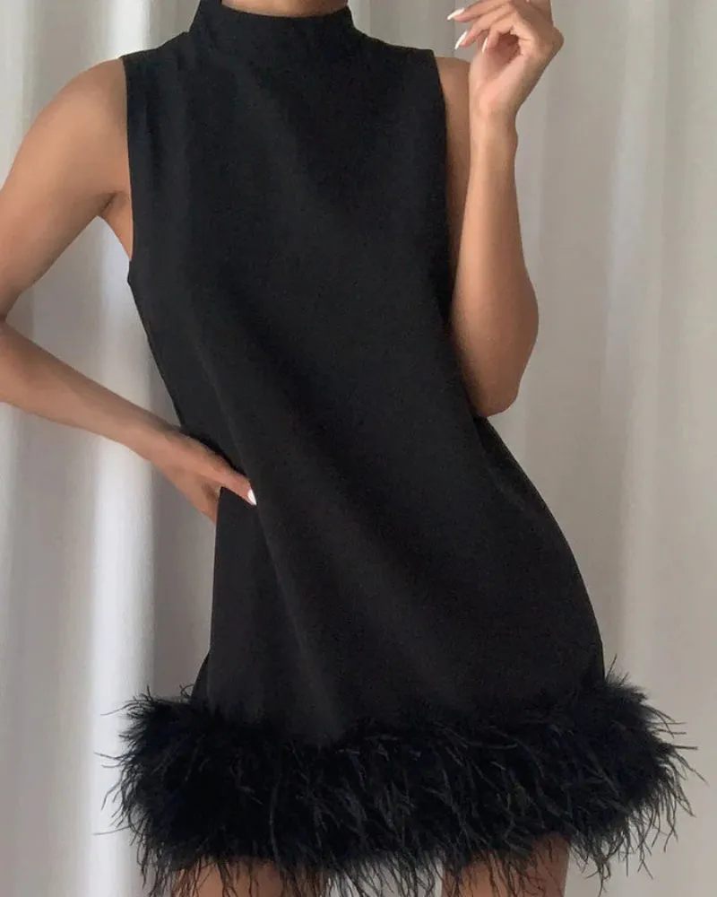 High Collar Tassel Feather Party Mini Dresses