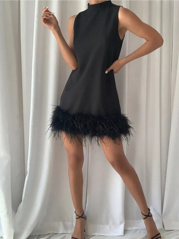High Collar Tassel Feather Party Mini Dresses