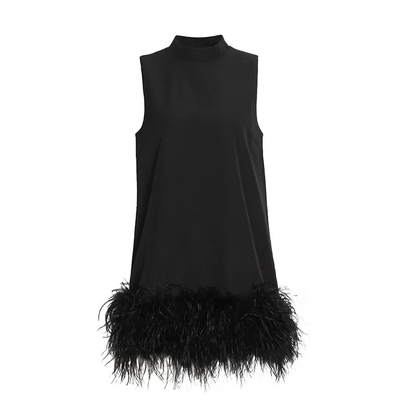 High Collar Tassel Feather Party Mini Dresses