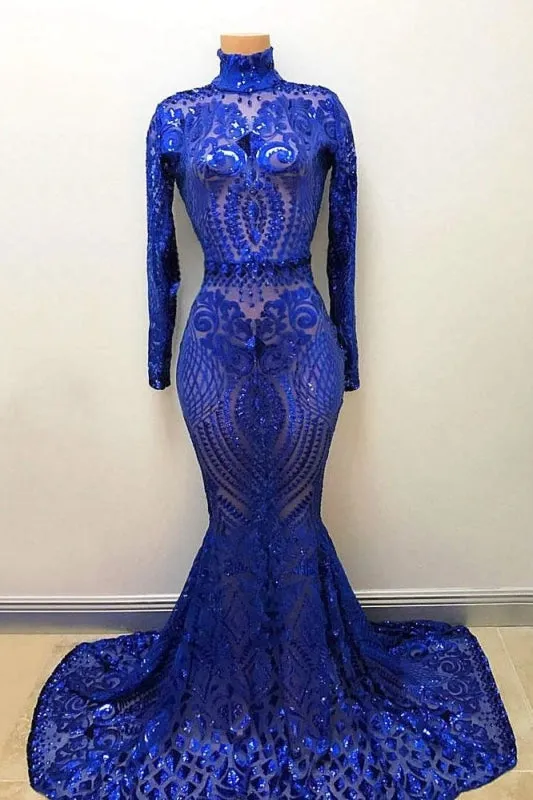 High Neck Long Sleeve Sequin Royal Blue Mermaid Prom Dress