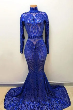 High Neck Long Sleeve Sequin Royal Blue Mermaid Prom Dress
