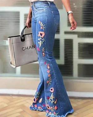 High-Stretch Embroidered Flared Jeans