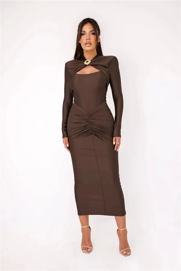 Hollow Out Long Sleeve Metal Buckle Ruched Maxi Dress