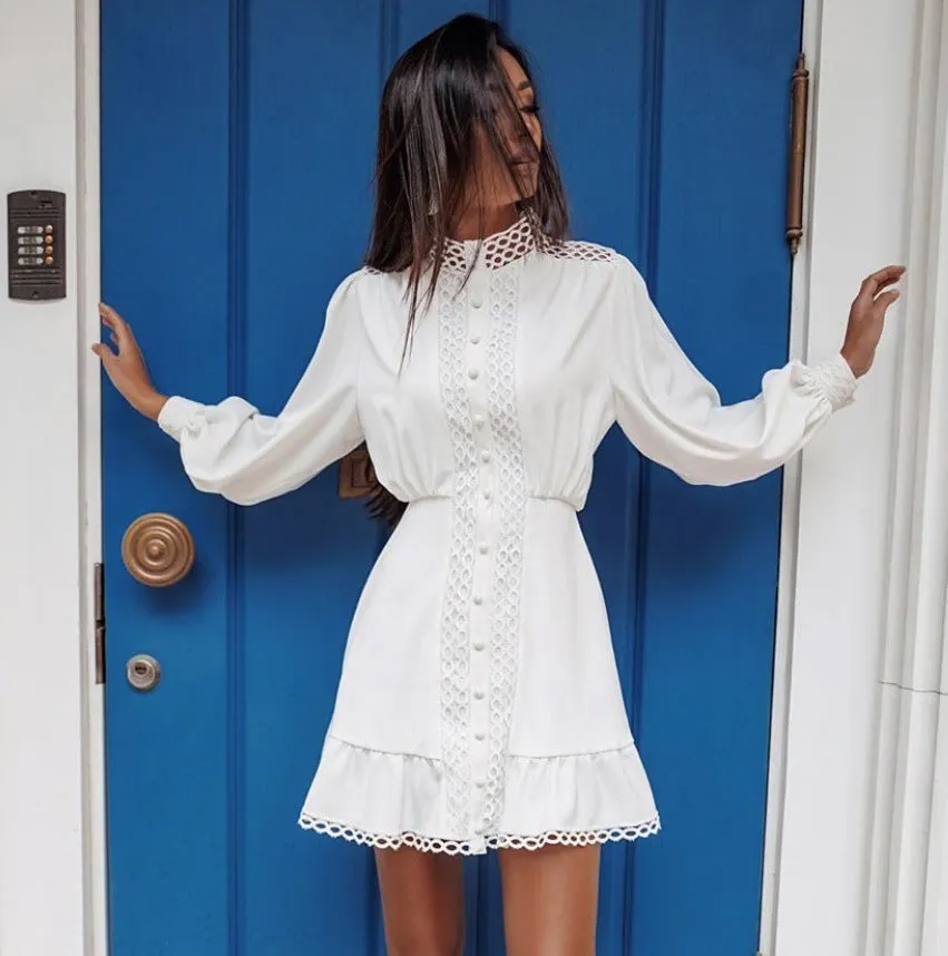 Hollow-out Round Collar Dress Single Breasted Mini Dress